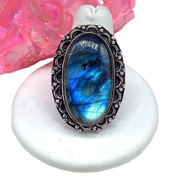 Jewelry - Labradorite Ring Size 9 Natural Stone 925 Sterling Silver Overlay Chunky Oval